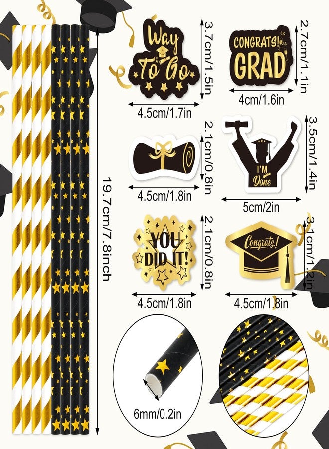 Whaline 60Pcs Graduation Paper Straws Black Gold Graduation Cap Diploma Drinking Straws Gold Foil Star Stripe Disposable Straw for Grad Decor Beverage Cocktail School Party Supplies - Image 2